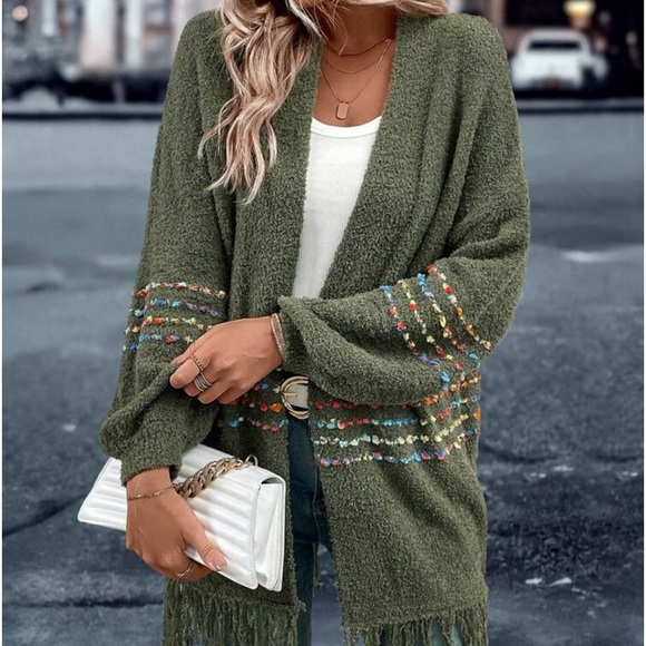 New open front green boho cardigan sweater - Picture 4 of 6